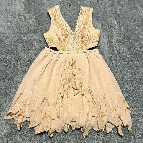 Free People Dress Womens 6 Honeysuckle Cutout Boho Dress Beige Tan Mini - Picture 1 of 9